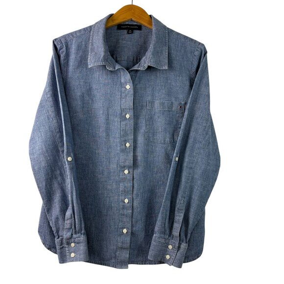 Tommy Hilfiger Women’s Denim Chambray Button-Down Shirt – Sz L – Classic Casual - Picture 8 of 13